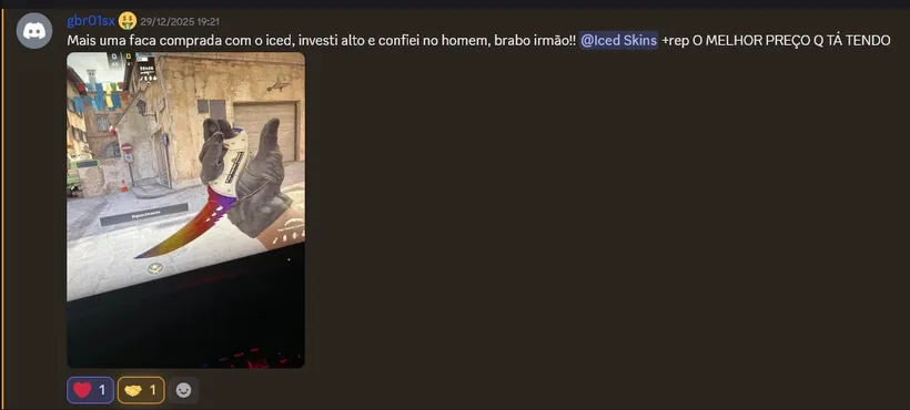 Depoimento de cliente da Iced Skins no Discord