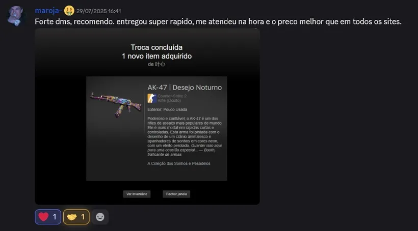 Depoimento de cliente da Iced Skins no Discord