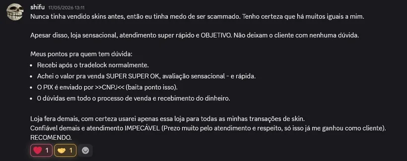 Depoimento de cliente da Iced Skins no Discord